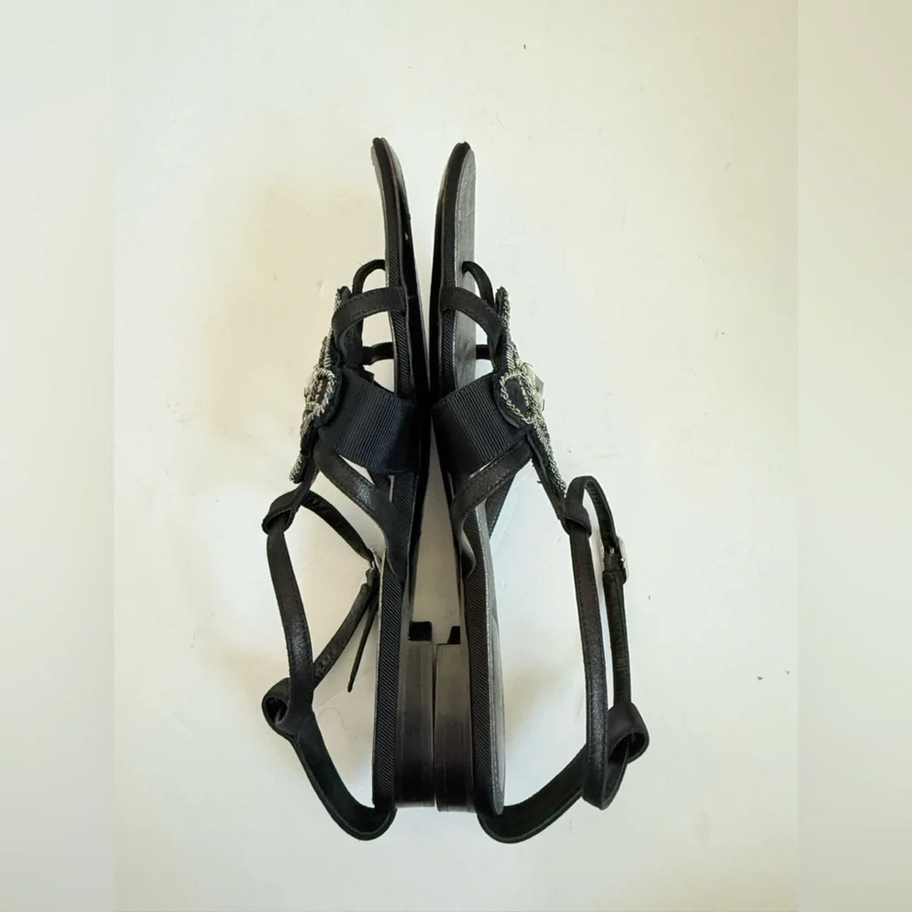 Chanel Black Metallic Grey Pearl stone embellished gladiator flat sandals EU38.5